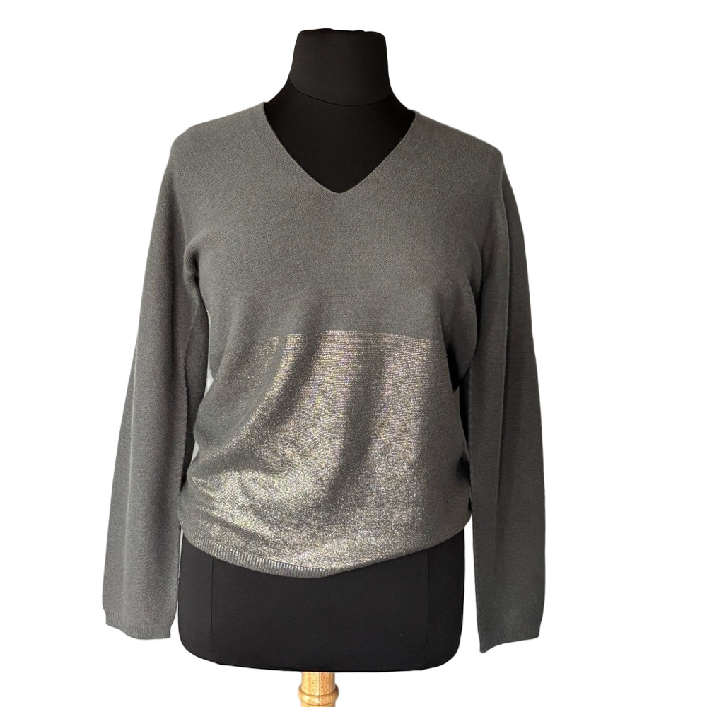 Fabiana Filippi Quiet Luxury Italian Gray V-Neck Wool Cashmere Silk Sweater L